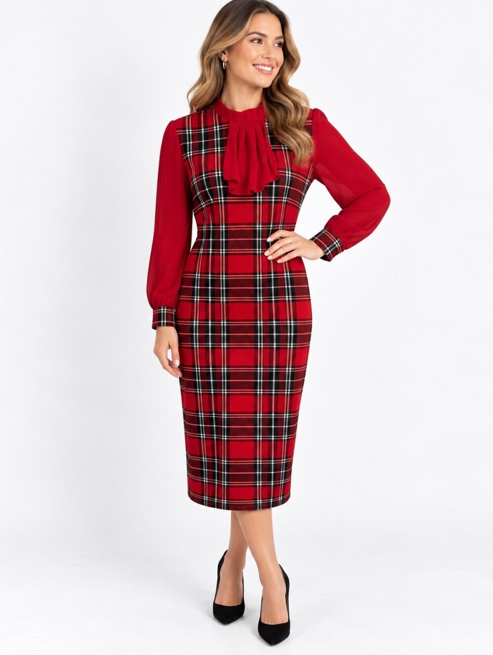 Red Plaid Long Sleeve Midi Dress Neck Tie XL Christmas Sweater Like Coquette Y2K